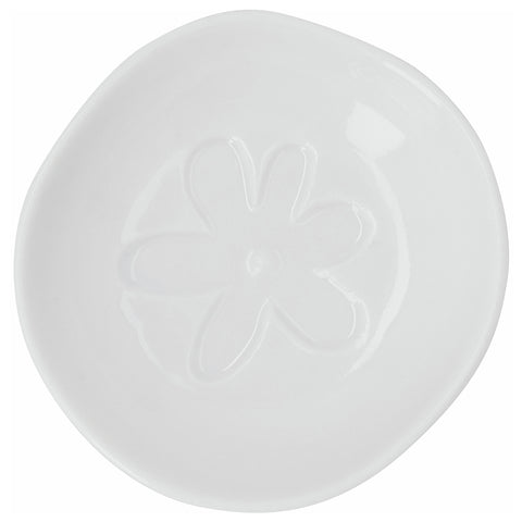 R18731 White porcelain bowl with embossed flower design on a white background
