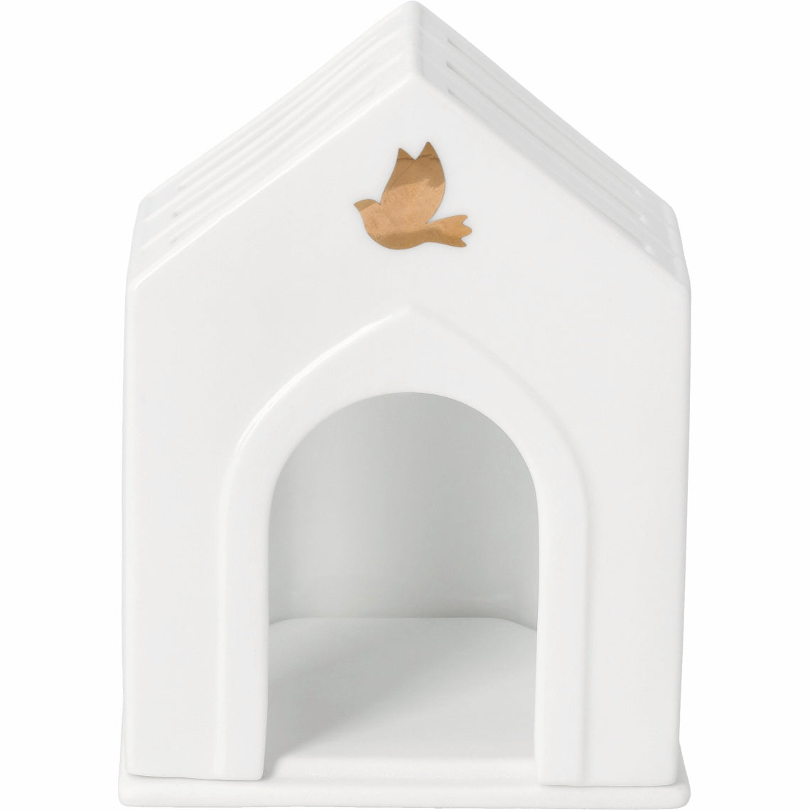 Porcelain Village House Chapel Tealight Holder with Gold Dove and Cross - Handcrafted