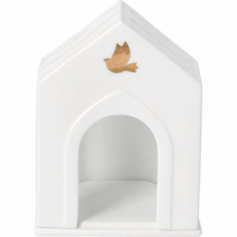 Porcelain Village House Chapel Tealight Holder with Gold Dove and Cross - Handcrafted