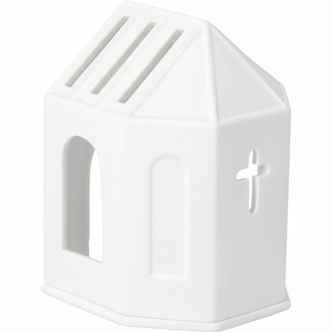 White porcelain chapel with a cross design on a white background