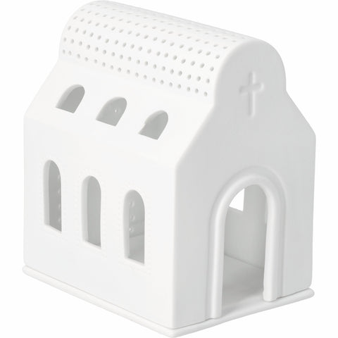 Porcelain Village House Church Tealight Holder with Arched Roof and Cross - Minimalist