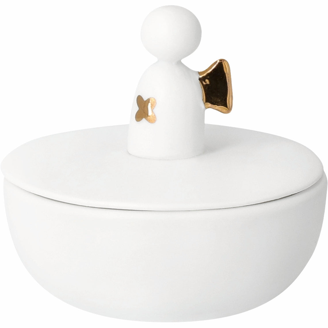 White ceramic dish with a gold handle on a white background