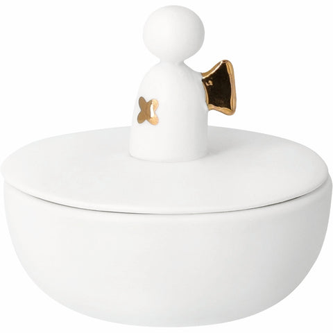 White ceramic dish with a gold handle on a white background