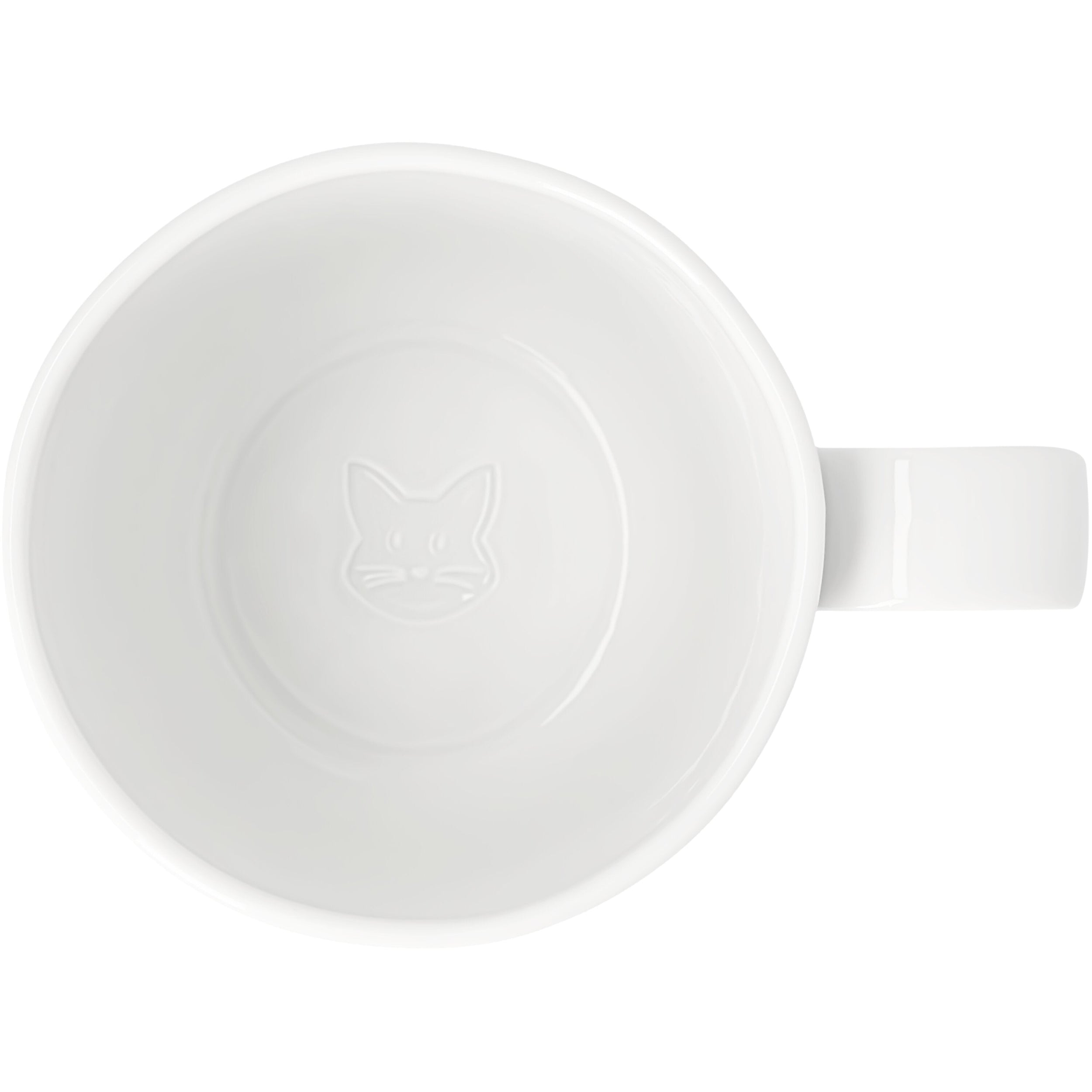 A white porcelain mug shown from a top-down view, featuring a subtle embossed cat face in the center of the interior and a matching white handle on the right.