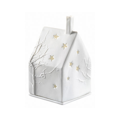 Mini Porcelain Village House Tealight Holder with Tree and Star Design - Minimalist