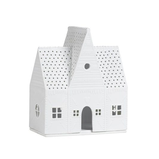 Gingerbread Christmas Large Village House Tealight Holder - White Porcelain - Handcrafted