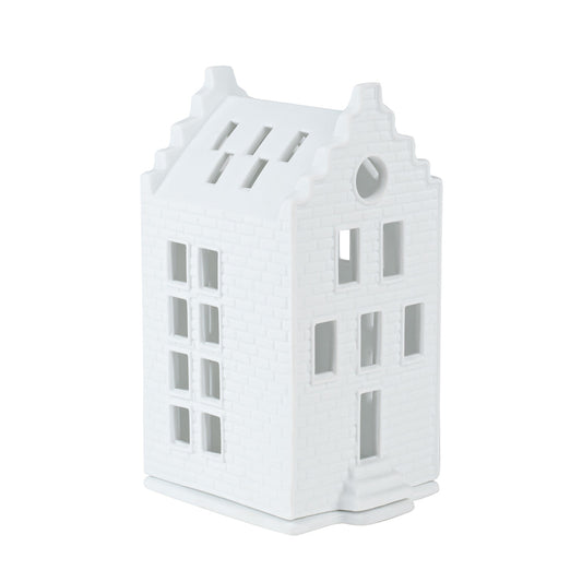 Porcelain Holiday Village House Tealight Holder - Brick with Stepped Gable Roof - Minimalist