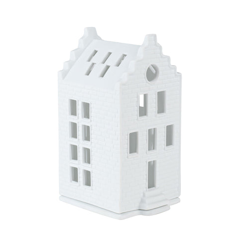 Porcelain Holiday Village House Tealight Holder - Brick with Stepped Gable Roof - Minimalist