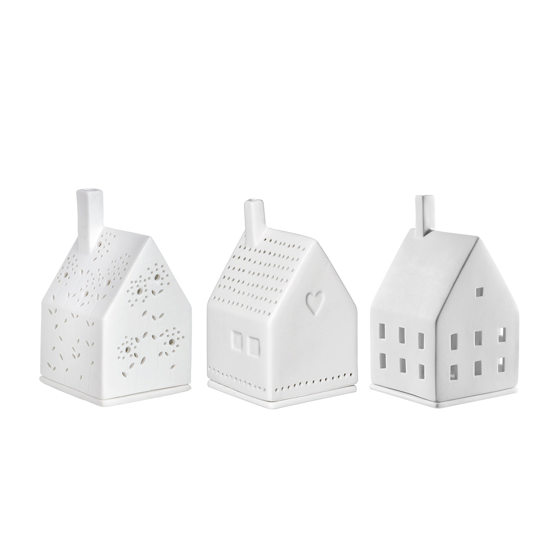 Porcelain Village House Tealight Holder Set - Heart, Plain and Flower Designs - 3 Pieces