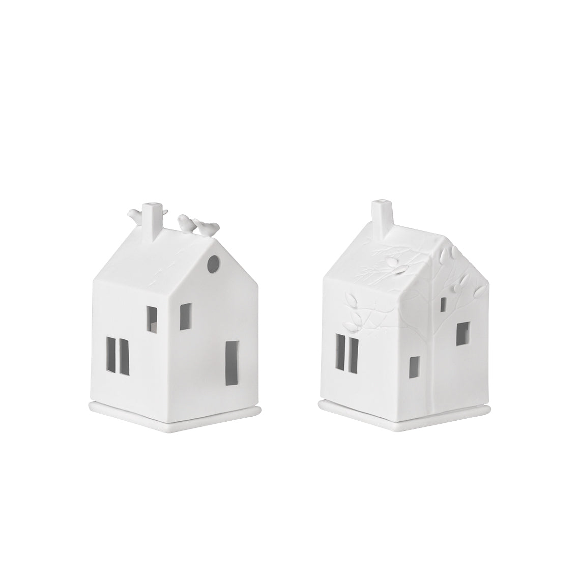Porcelain Village House Tealight Holder Set - House with Bird and with Tree Designs - 2 Pieces