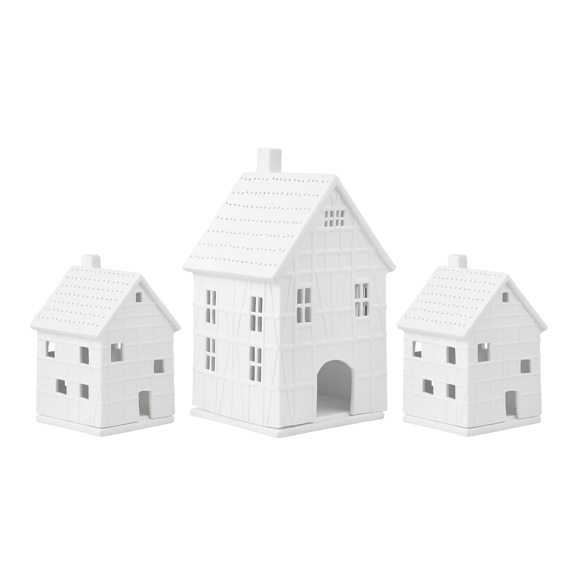 Porcelain Holiday Village House Tealight Holder Set - Half Timbered European Architecture - 2 Pieces