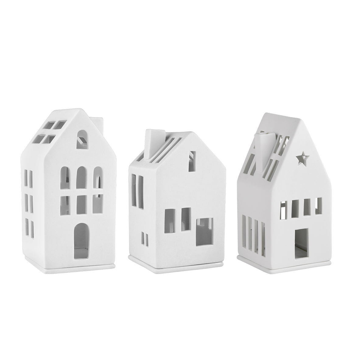 Porcelain Holiday Village House Tealight Holder Set - Modern European Architecture - 3 Pieces