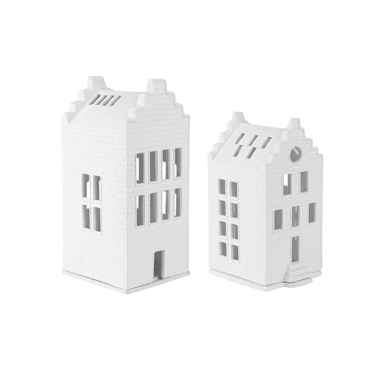 Porcelain Holiday Village House Tealight Holder Set - Brick Houses with Stepped Gable Roofs - 2 Pieces