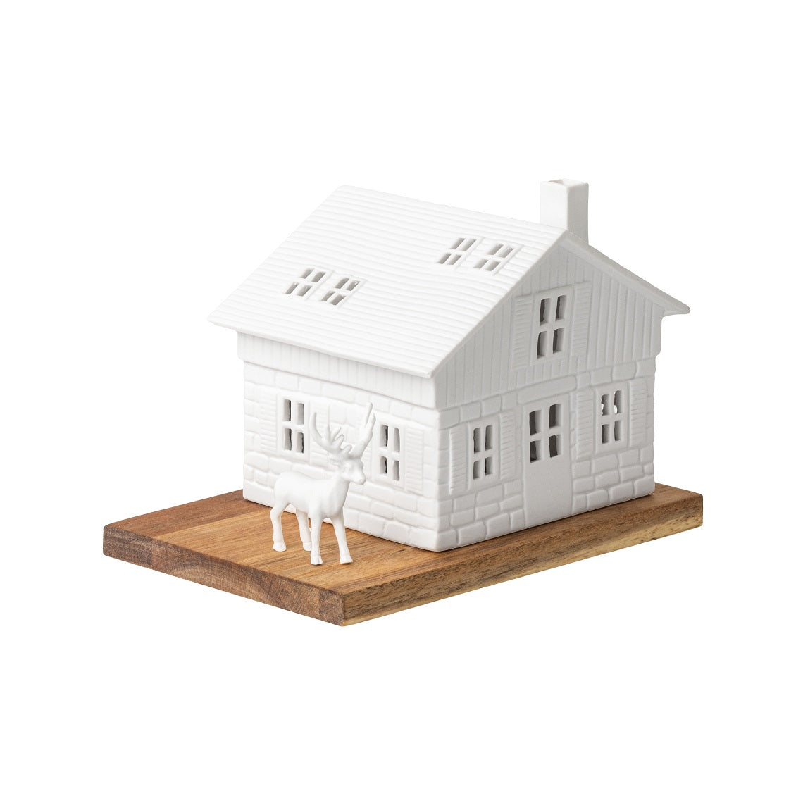 Nordic Village Ski Hut Tealight Holder with Deer Figurine - Winter Decor - Porcelain