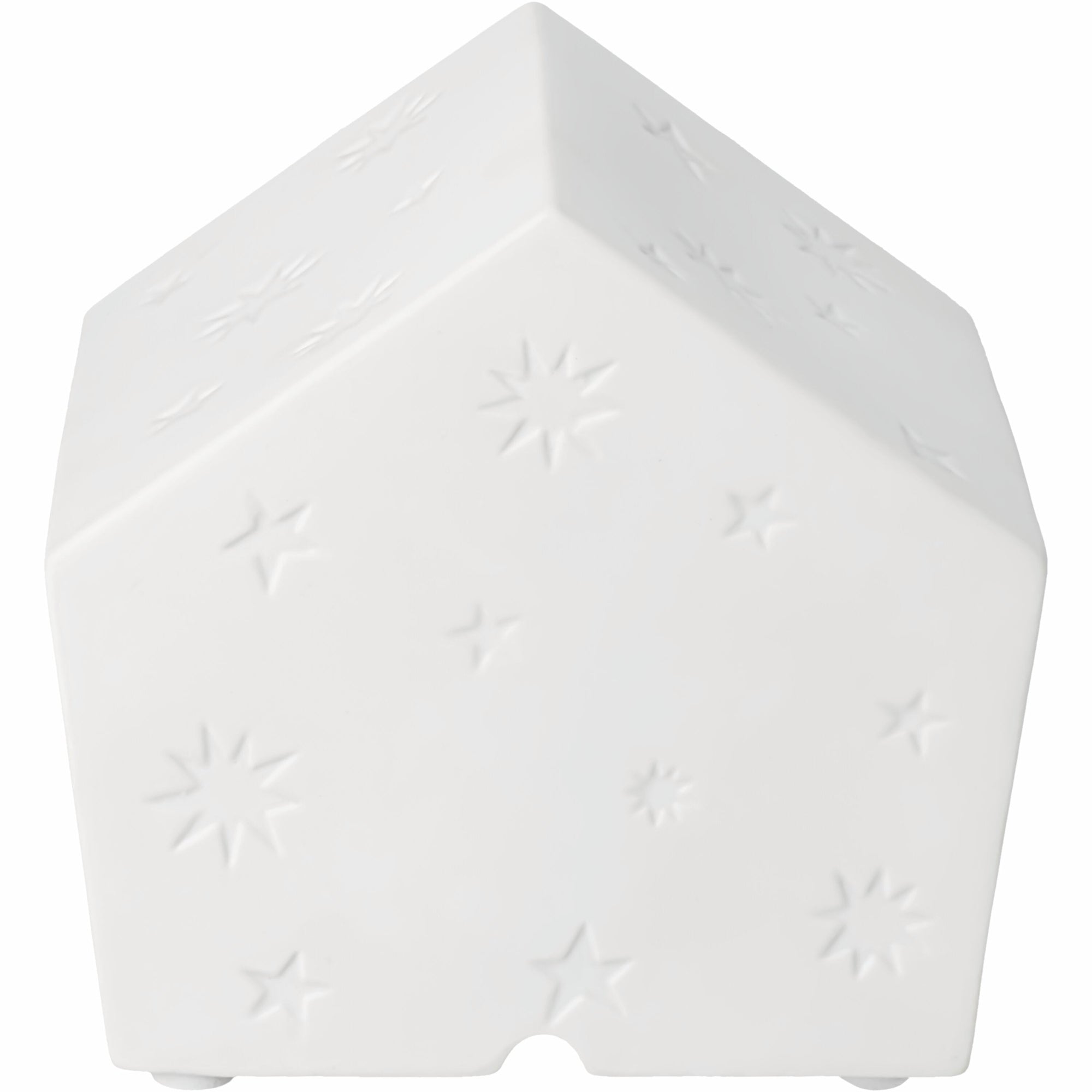 Backside of the porcelain LED nativity house. Not illiminated, on a white background.