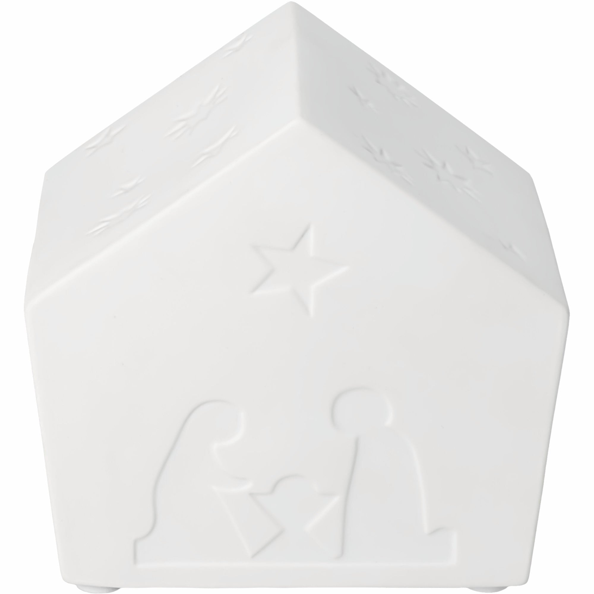 Porcelain LED Lamp Nativity House on white background.