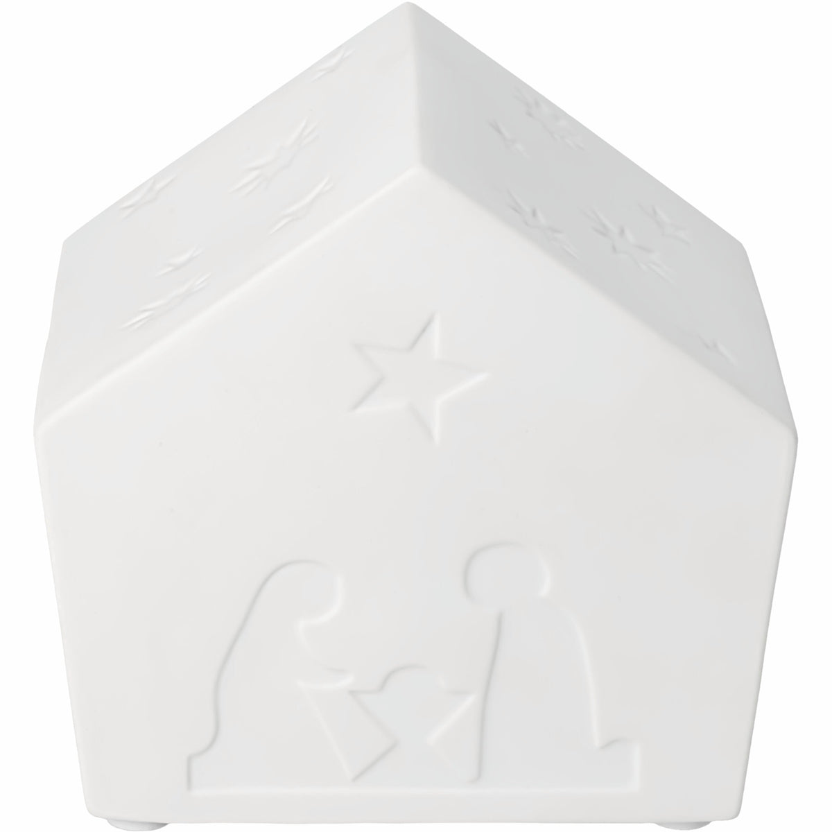 Porcelain LED Lamp Nativity House on white background.