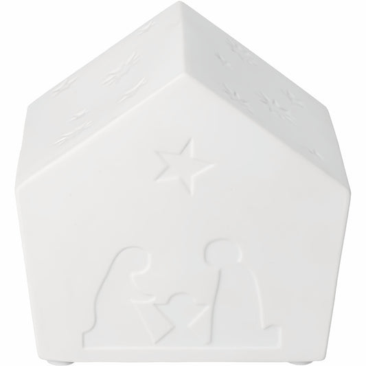 Porcelain LED Lamp Nativity House on white background.