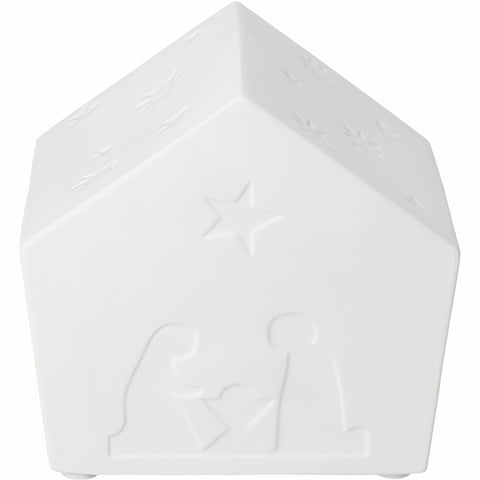 Porcelain LED Lamp Nativity House on white background.