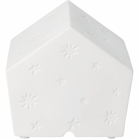Backside of the porcelain LED nativity house. Not illiminated, on a white background.