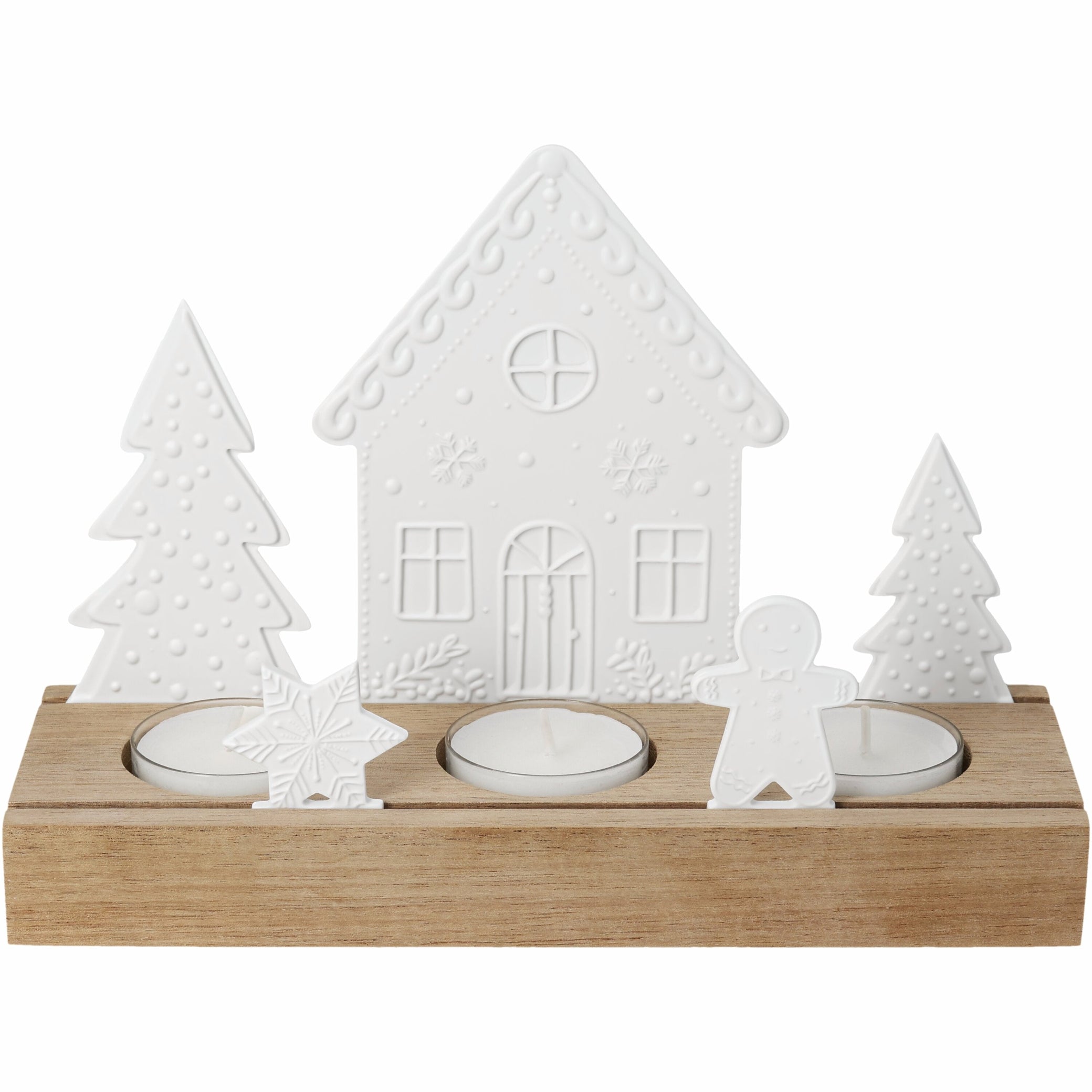 R92955 Porcelain and Acacia Wood Gingerbread themed tealight holder is beautiful holiday decor on a white background.
