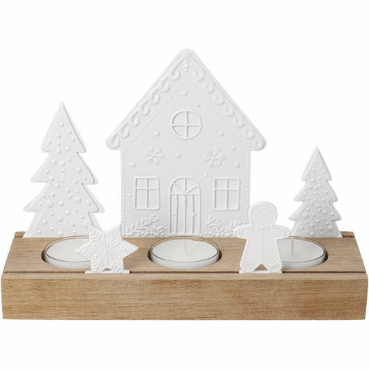 R92955 Porcelain and Acacia Wood Gingerbread themed tealight holder is beautiful holiday decor on a white background.