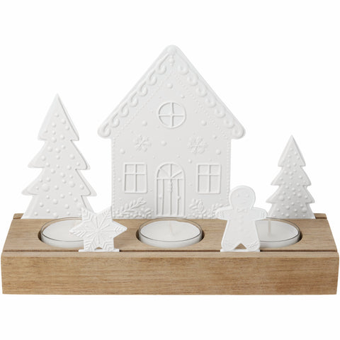R92955 Porcelain and Acacia Wood Gingerbread themed tealight holder is beautiful holiday decor on a white background.