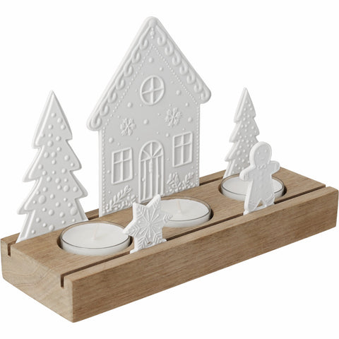 Porcelain and Acacia Wood Gingerbread themed tealight holder from a side view. Beautiful holiday decor on a white background.