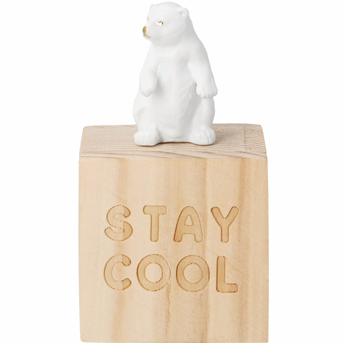 R92960 White porcelain polar bear figurine on a wooden block with 'STAY COOL' engraving