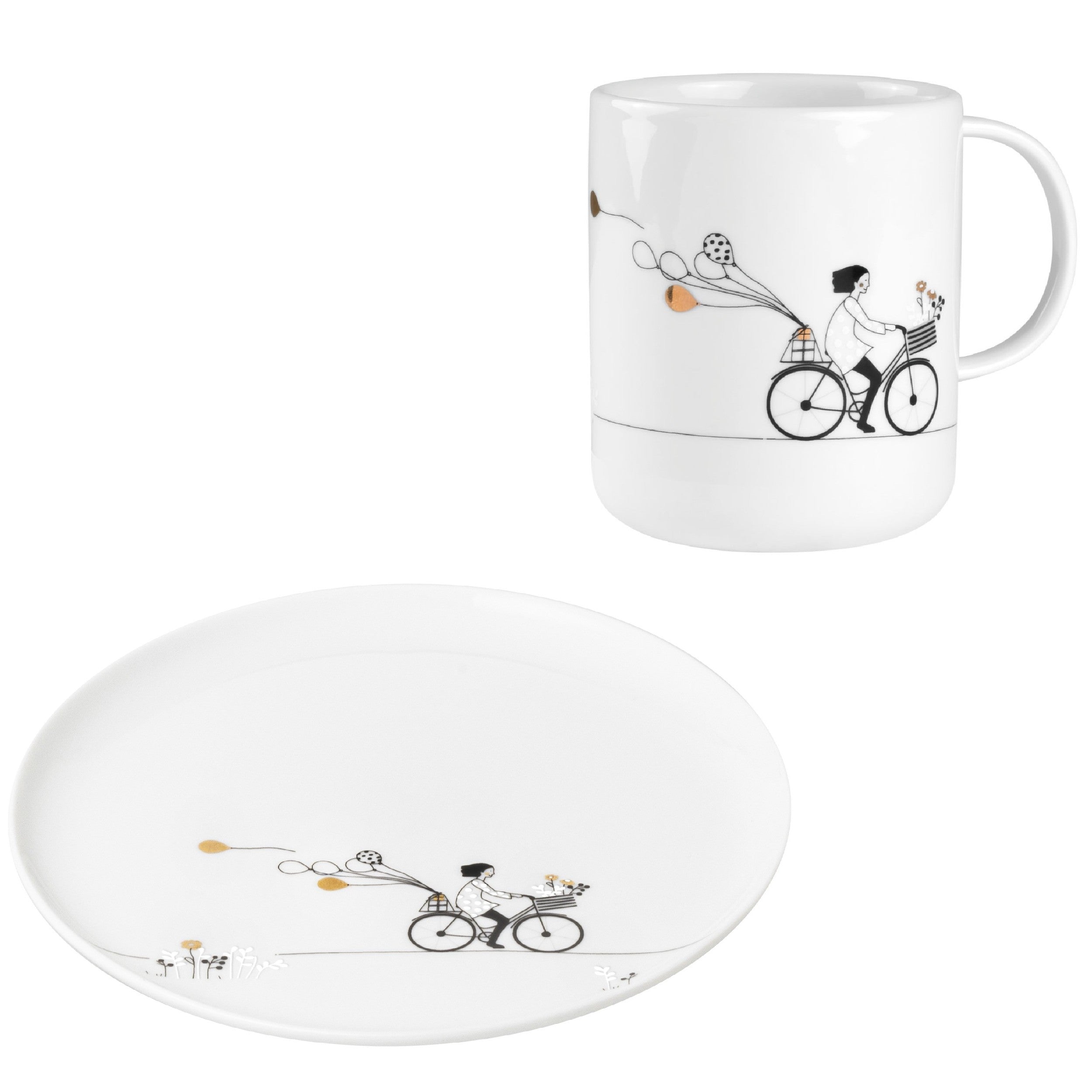 porcelain mug and plate set with a design of a person on a bicycle with a child in a basket on a white background.