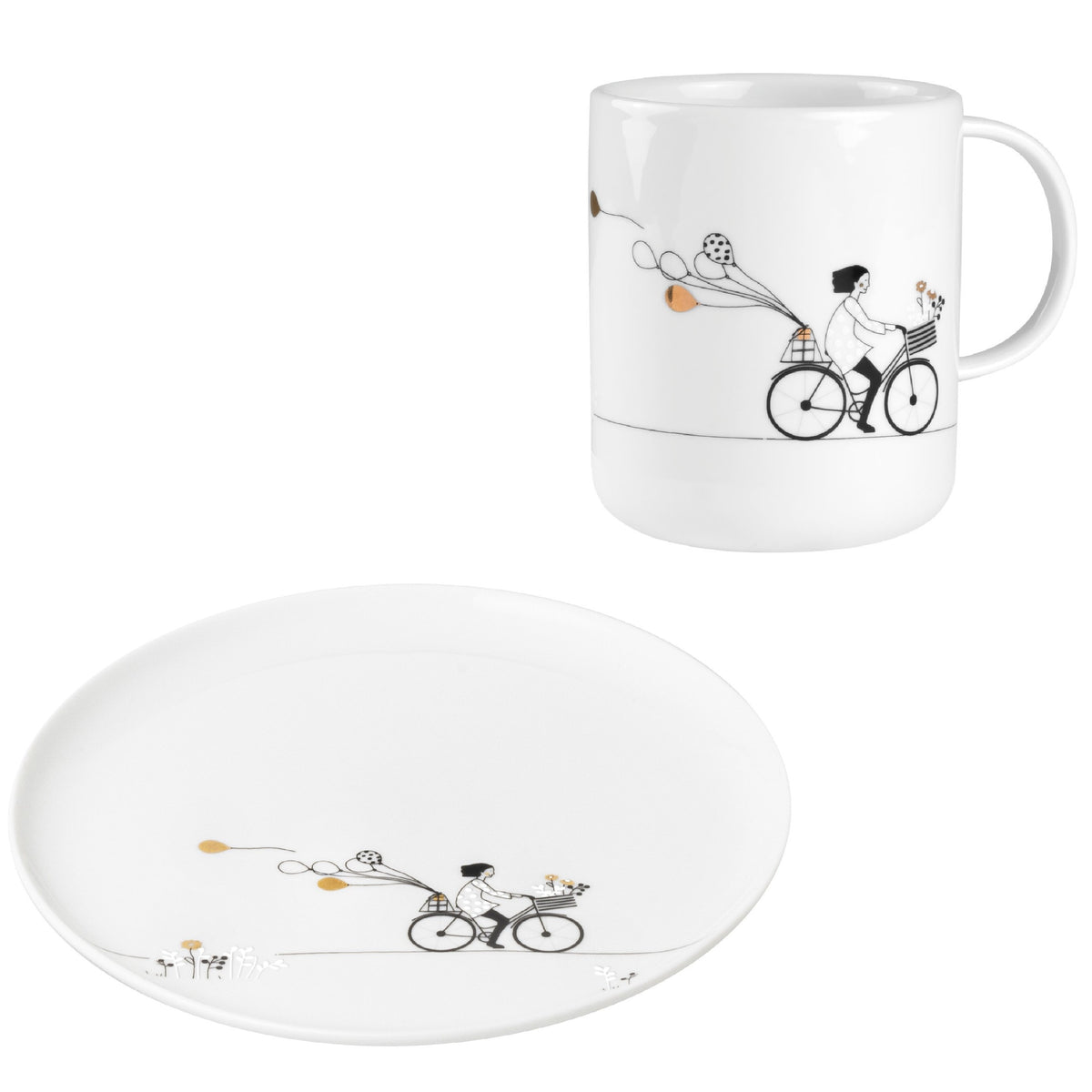 porcelain mug and plate set with a design of a person on a bicycle with a child in a basket on a white background.