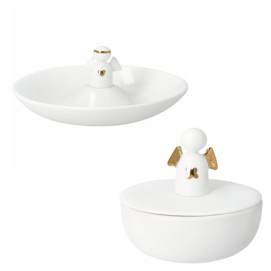 White porcelain trinket box and storage dish with angel detail on white background