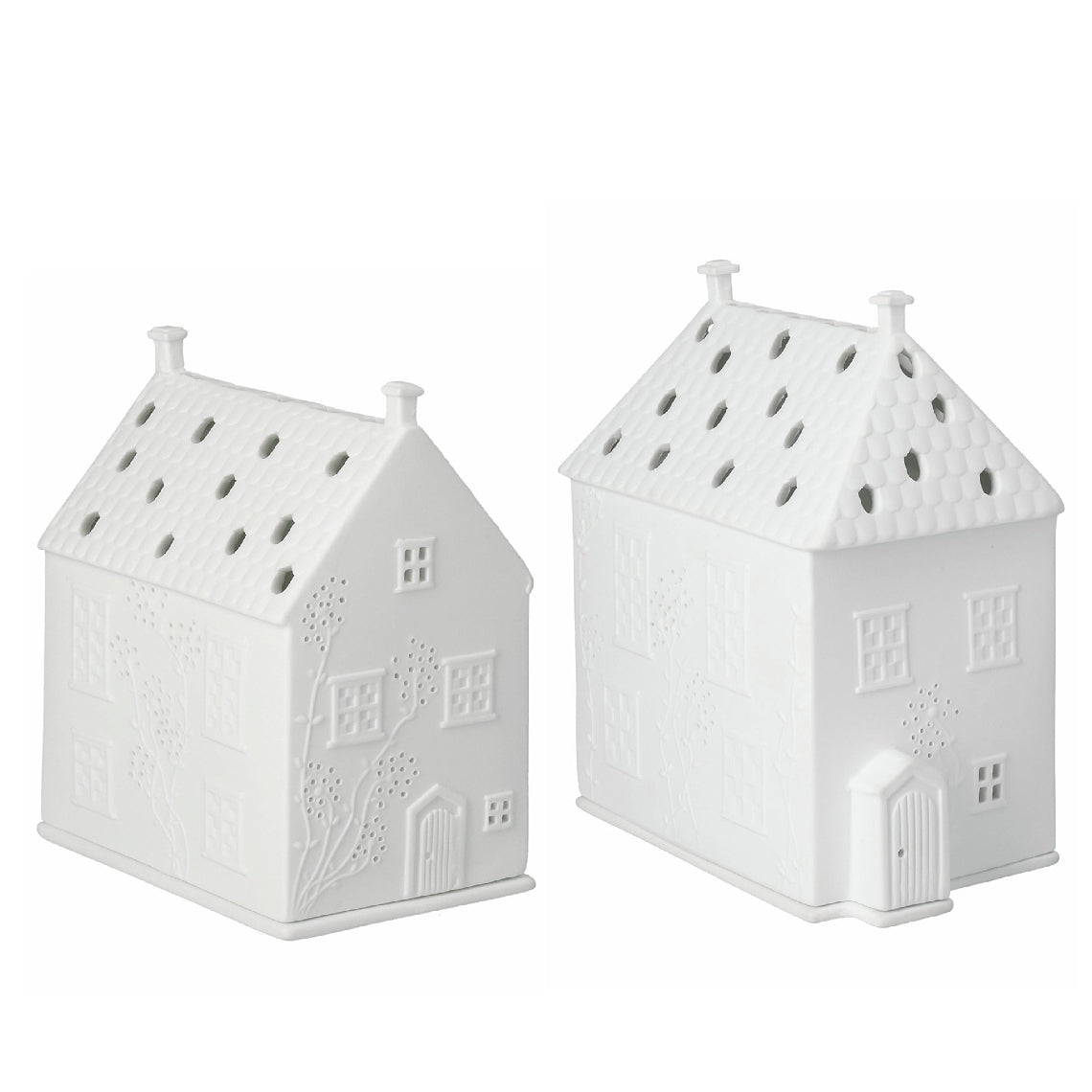 Scandinavian Christmas Village House Tealight Holder Set - White Porcelain - 2 Pieces
