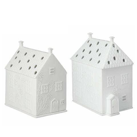Scandinavian Christmas Village House Tealight Holder Set - White Porcelain - 2 Pieces