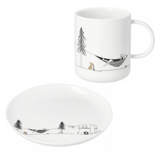 porcelain mug and plate set with camping design on a white background