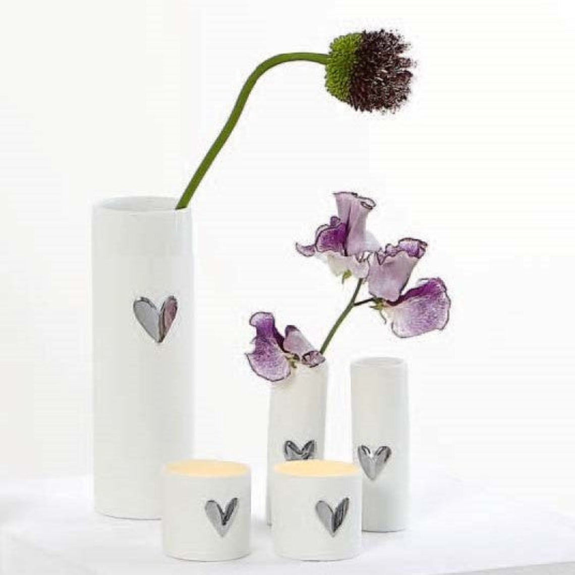 Rader Love Heart Porcelain Vase and Tealight Holder Set of 5 – Modern Gift Set with Gold or Silver Heart Accents