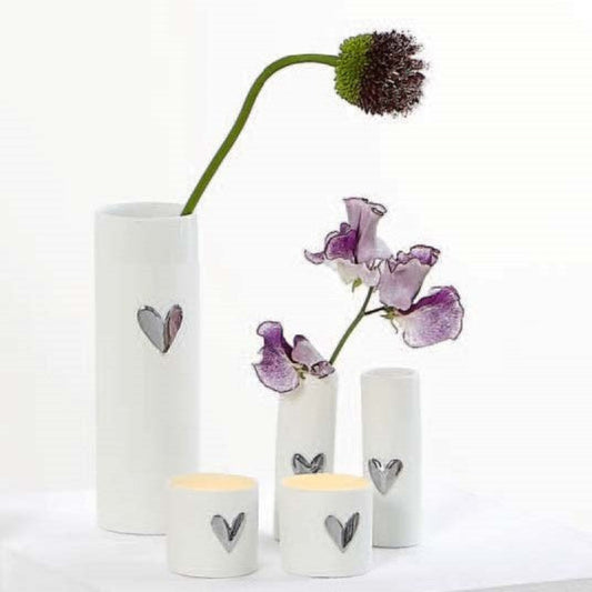 Rader Love Heart Porcelain Vase and Tealight Holder Set of 5 – Modern Gift Set with Gold or Silver Heart Accents