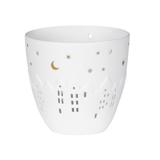 Rader Poetry Porcelain Tealight Candle Holder with Village House Design - Scandinavian Cozy Catchall Dish