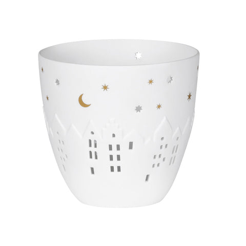 Rader Poetry Porcelain Tealight Candle Holder with Village House Design - Scandinavian Cozy Catchall Dish