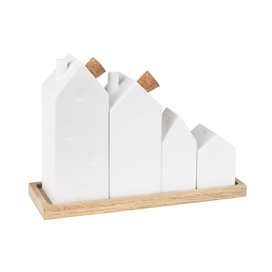 Rader Village House Cruet Set for Dining Table or Kitchen Organization - Porcelain and Acacia Wood