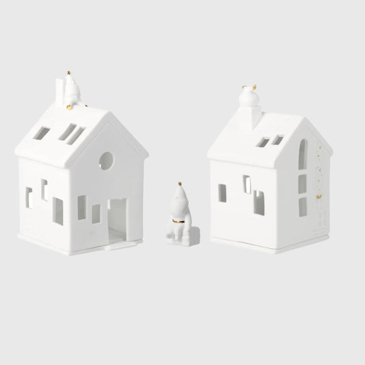 Santa Claus Christmas Village House Tealight Holders and Santa Figurine Set of 3 for Tabletop or Shelf Holiday Décor