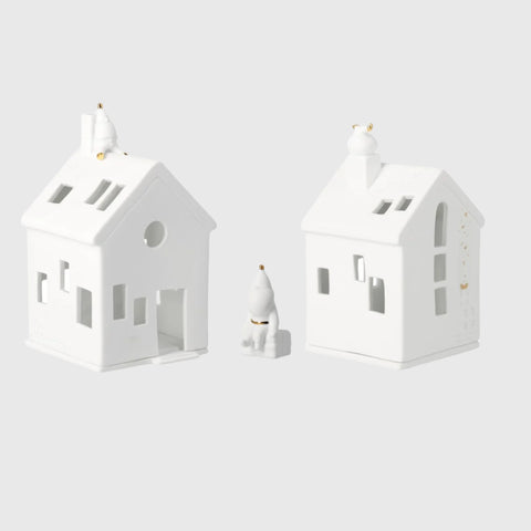 Santa Claus Christmas Village House Tealight Holders and Santa Figurine Set of 3 for Tabletop or Shelf Holiday Décor