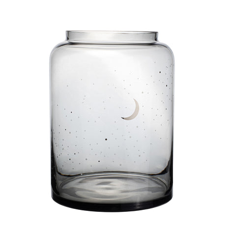 Smoked Glass Vase with Moon and Stars Decoration - Tall Storage or Flower Vase 10"