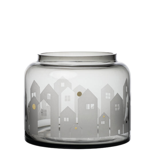 Smoked Glass Vase with Village House Decoration for Plants, Tealights or Winter Décor