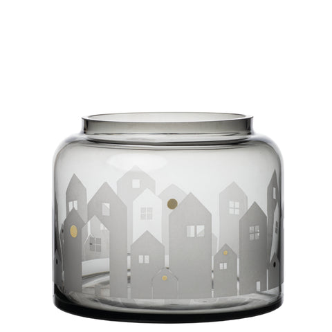 Smoked Glass Vase with Village House Decoration for Plants, Tealights or Winter Décor