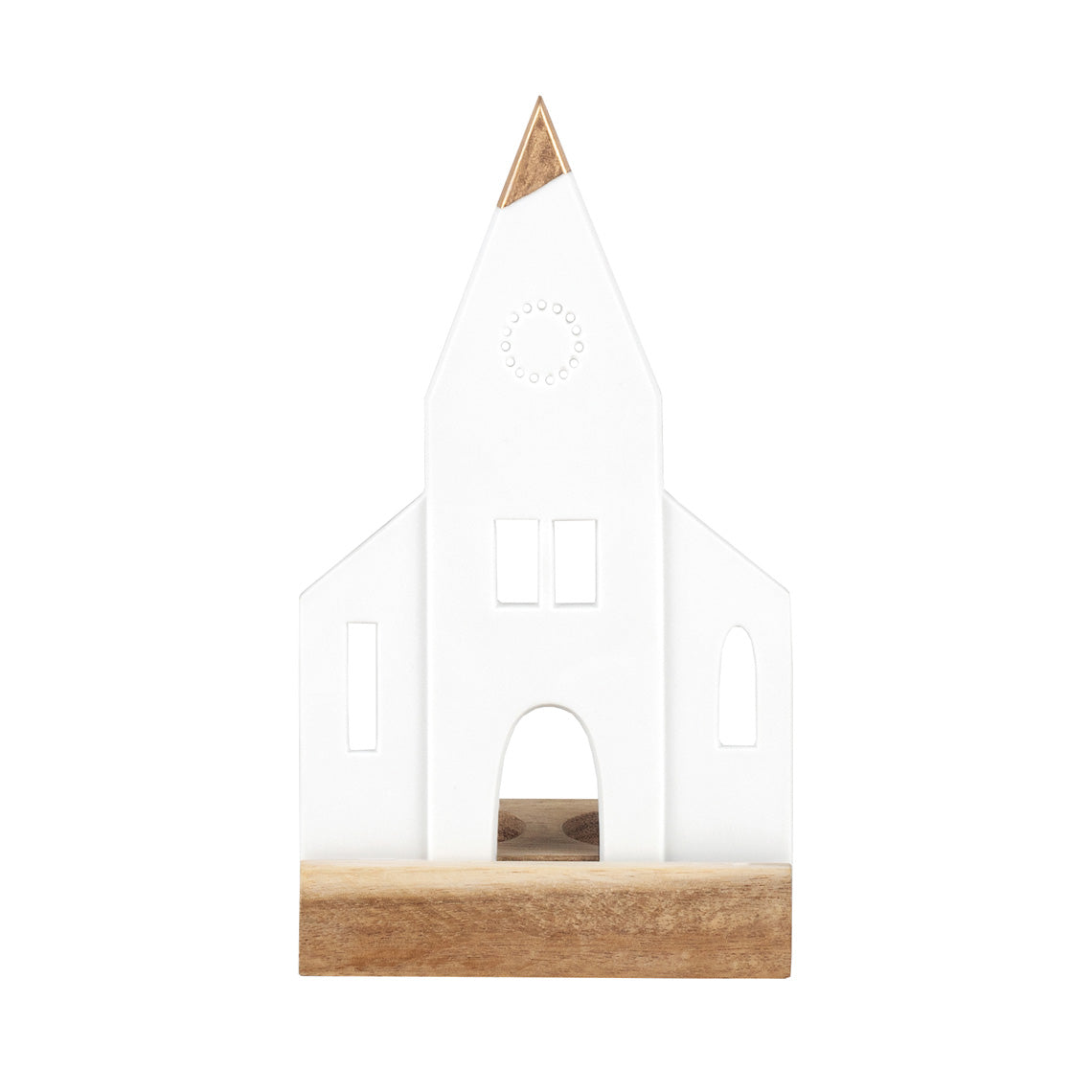 White Porcelain Church Tealight Holder with Wood Base – Minimalist Christmas Décor - Handcrafted