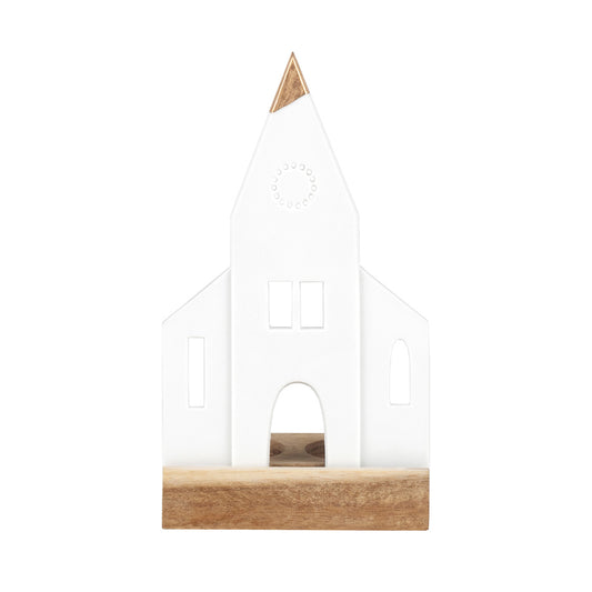 White Porcelain Church Tealight Holder with Wood Base – Minimalist Christmas Décor - Handcrafted