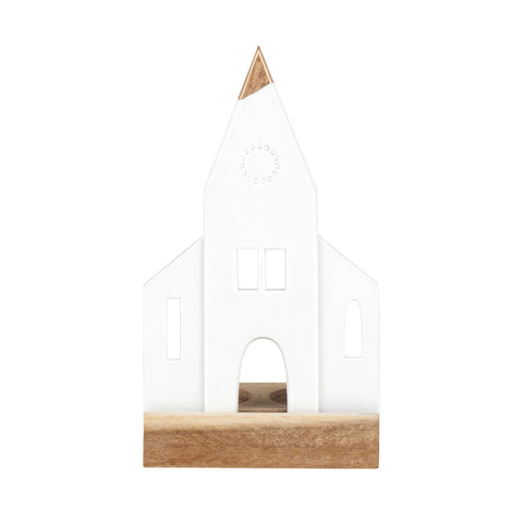 White Porcelain Church Tealight Holder with Wood Base – Minimalist Christmas Décor - Handcrafted