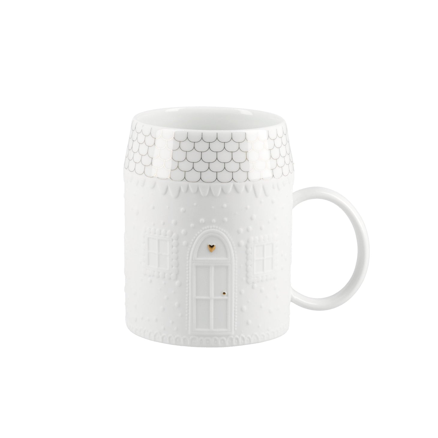 White Porcelain Cottage House Mug – Embossed Coffee Cup with Gold Accent Details and Whimsical Home Design