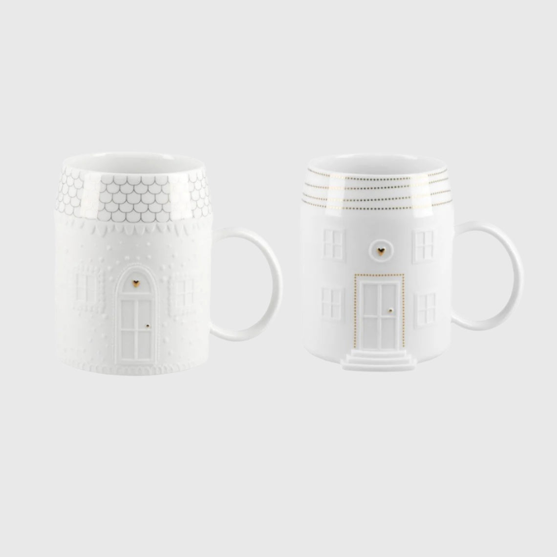 White Porcelain Cottage House Mug Set of 2 – Embossed Coffee Cup with Gold Accent Details and Whimsical Home Design